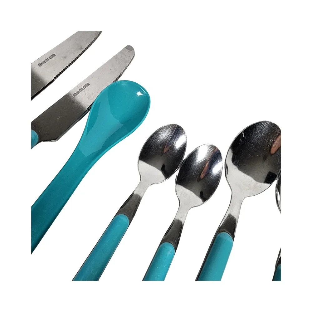 8pc Flatware Set Turquoise Blue Handles Stainless Steel Knives‎ Spoons Utensils